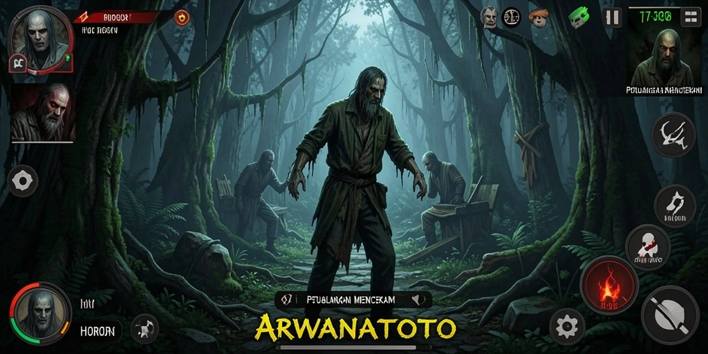 Antarmuka menakutkan dengan nuansa hutan yang mencekam.