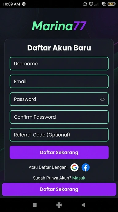 Tampilan halaman daftar marina77